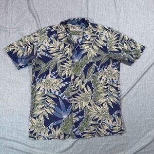 Tori Richard Shirt Mens Large Blue Green Leaf Print Hawaiian Aloha Button Up